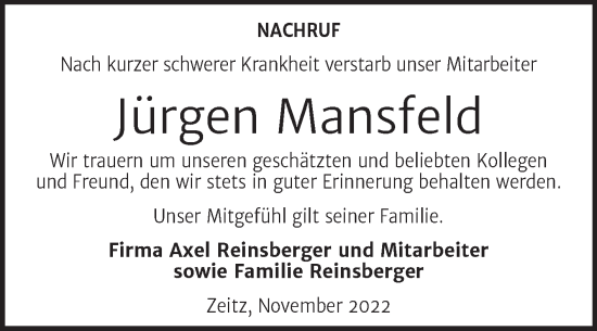 Traueranzeige von Jürgen Mansfeld von Super Sonntag Zeitz