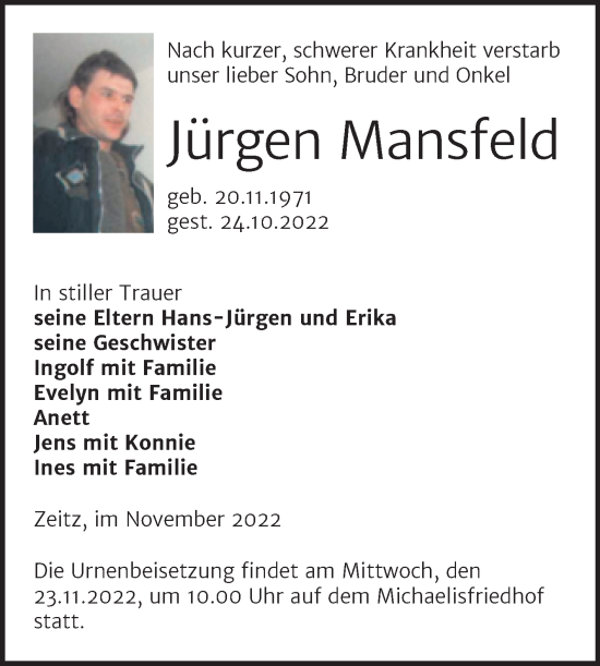 Traueranzeige von Jürgen Mansfeld von Trauerkombi Zeitz