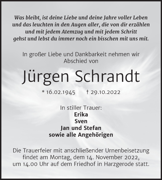 Traueranzeige von Jürgen Schrandt von Trauerkombi Quedlinburg