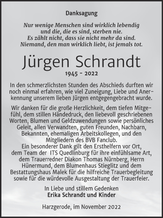 Traueranzeige von Jürgen Schrandt von Trauerkombi Quedlinburg