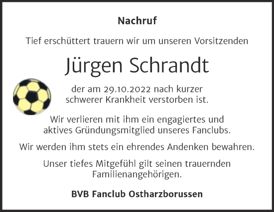 Traueranzeige von Jürgen Schrandt von Super Sonntag Quedlingburg