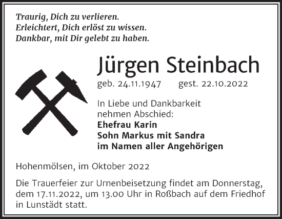 Traueranzeige von Jürgen Steinbach von Trauerkombi Weißenfels