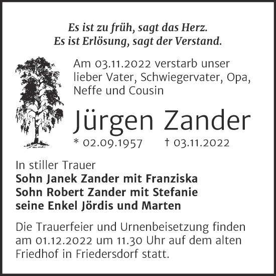 Traueranzeige von Jürgen Zander von Trauerkombi Bitterfeld