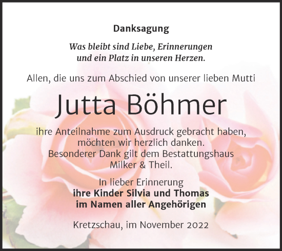 Traueranzeige von Jutta Böhmer von Trauerkombi Zeitz