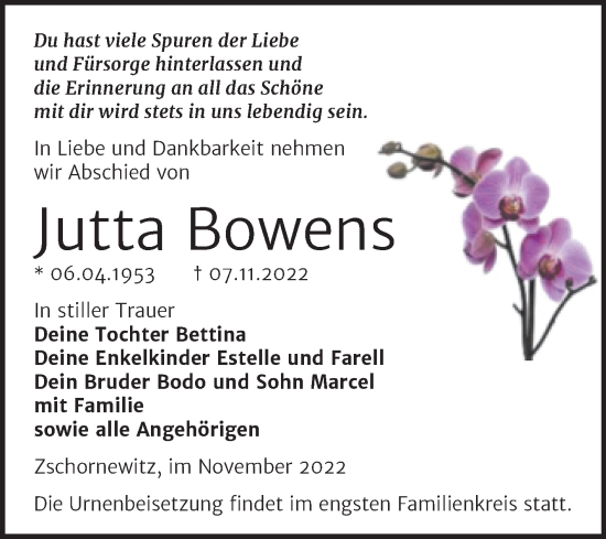 Traueranzeige von Jutta Bowens von Trauerkombi Wittenberg