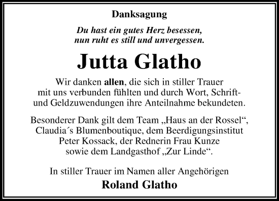Traueranzeige von Jutta Glatho von Trauerkombi Dessau