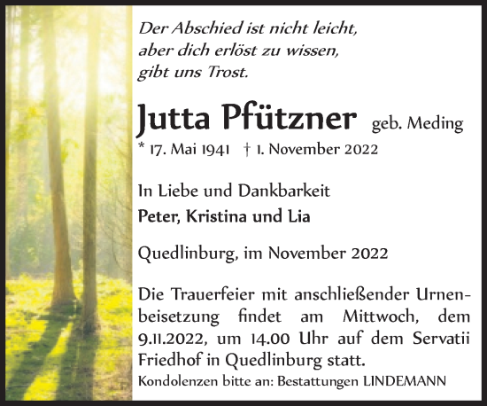 Traueranzeige von Jutta Pfützner von Mitteldeutsche Zeitung Mansfelder Land