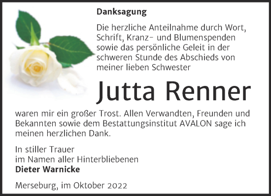 Traueranzeige von Jutta Renner von Trauerkombi Merseburg