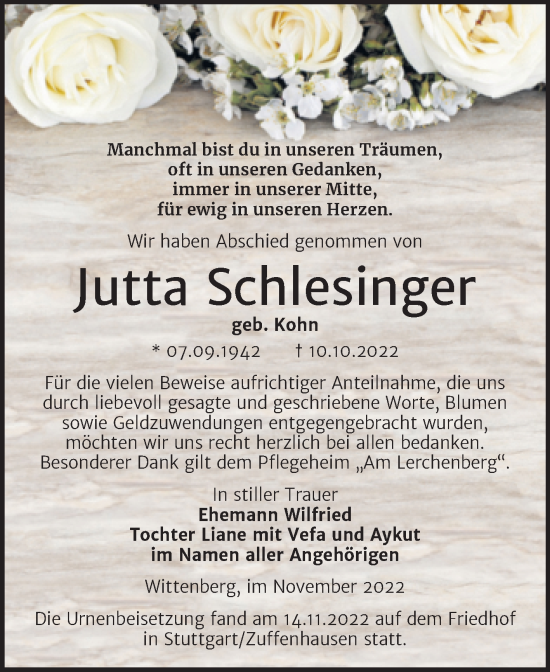 Traueranzeige von Jutta Schlesinger von Trauerkombi Wittenberg