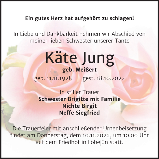 Traueranzeige von Käte Jung von Mitteldeutsche Zeitung Halle/Saalkreis