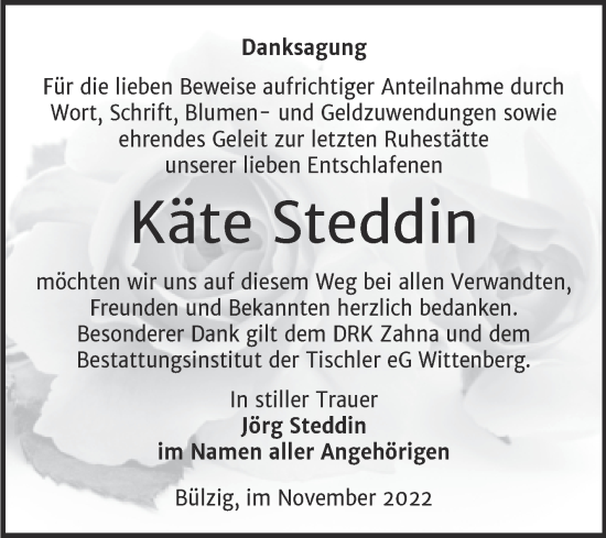 Traueranzeige von Käte Steddin von Trauerkombi Wittenberg