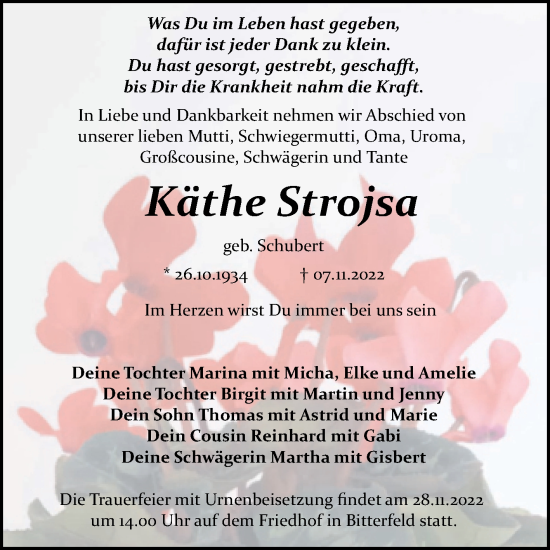 Traueranzeige von Käthe Strojsa von Trauerkombi Bitterfeld