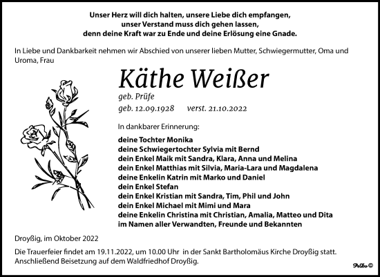 Traueranzeige von Käthe Weißer von Trauerkombi Zeitz