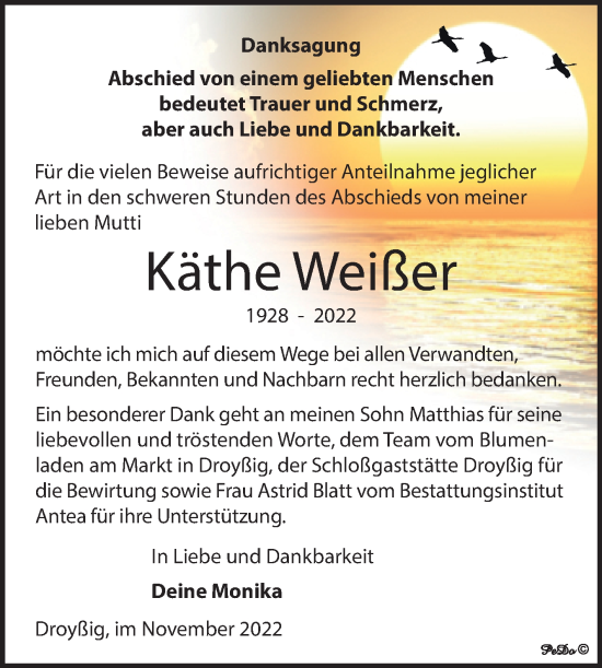 Traueranzeige von Käthe Weißer von Trauerkombi Zeitz