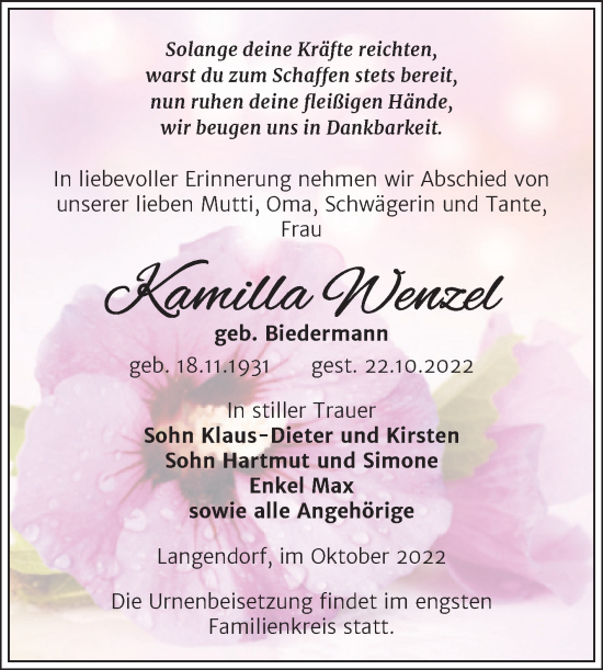 Traueranzeige von Kamilla Wenzel von Trauerkombi Weißenfels