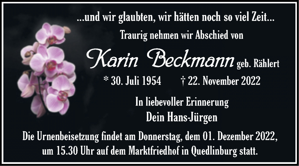  Traueranzeige für Karin Beckmann vom 26.11.2022 aus Trauerkombi Quedlinburg