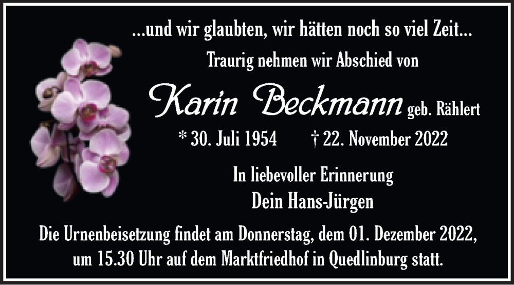  Traueranzeige für Karin Beckmann vom 30.11.2022 aus Trauerkombi Quedlinburg