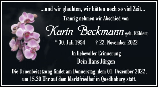 Traueranzeige von Karin Beckmann von Trauerkombi Quedlinburg