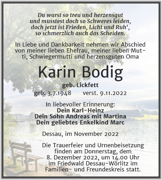 Traueranzeige von Karin Bodig von Trauerkombi Dessau