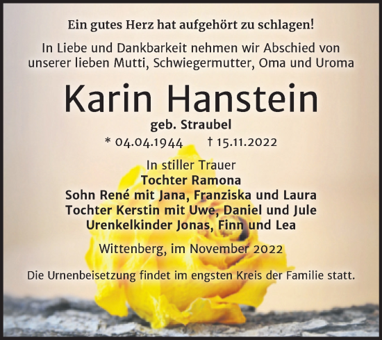 Traueranzeige von Karin Hanstein von Trauerkombi Wittenberg