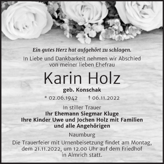 Traueranzeige von Karin Holz von Wochenspiegel Naumburg/Nebra