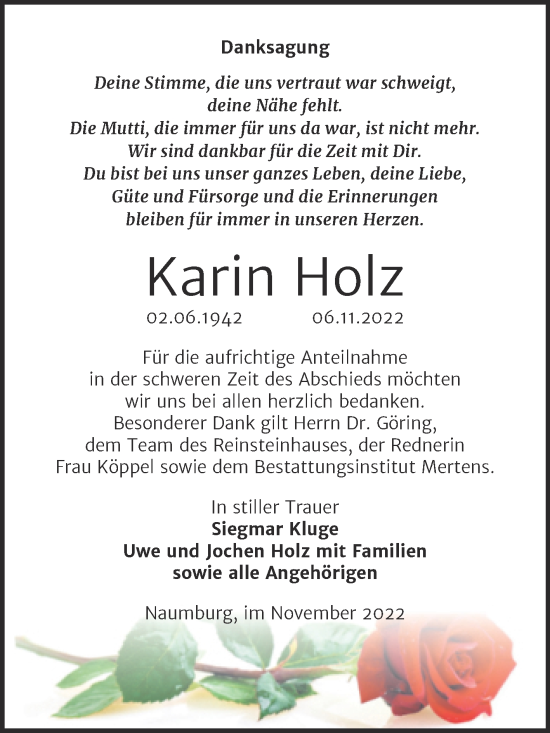 Traueranzeige von Karin Holz von Wochenspiegel Naumburg/Nebra