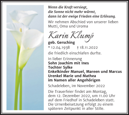 Traueranzeige von Karin Klump von Trauerkombi Aschersleben