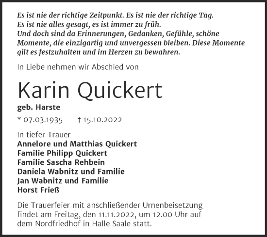Traueranzeige von Karin Quickert von Mitteldeutsche Zeitung Halle/Saalkreis