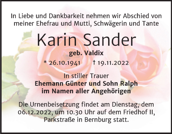 Traueranzeige von Karin Sander von Trauerkombi Bernburg
