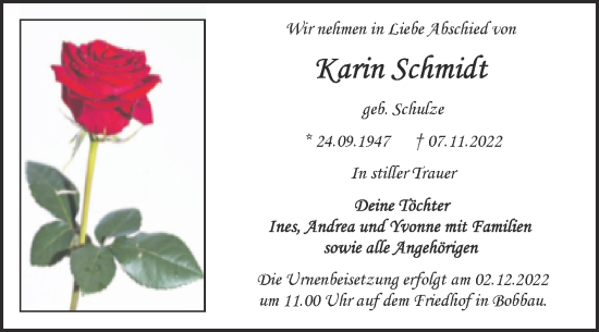 Traueranzeige von Karin Schmidt von Trauerkombi Bitterfeld