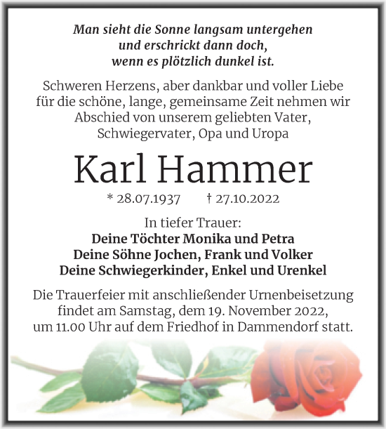 Traueranzeige von Karl Hammer von Mitteldeutsche Zeitung Halle/Saalkreis