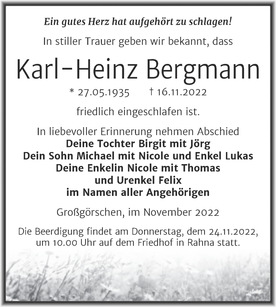  Traueranzeige für Karl-Heinz Bergmann vom 19.11.2022 aus Trauerkombi Weißenfels