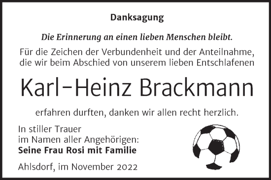 Traueranzeige von Karl-Heinz Brackmann von Trauerkombi Mansfelder Land