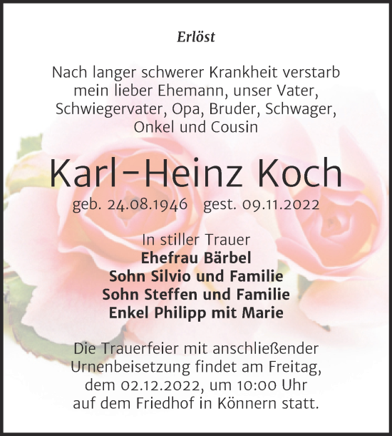 Traueranzeige von Karl-Heinz Koch von Trauerkombi Bernburg