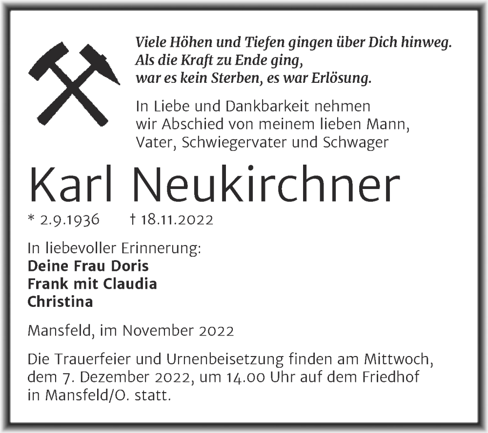  Traueranzeige für Karl Neukirchner vom 24.11.2022 aus Trauerkombi Mansfelder Land