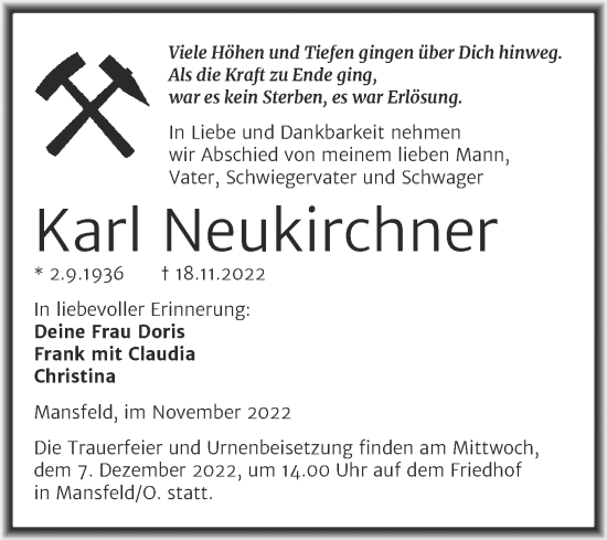 Traueranzeige von Karl Neukirchner von Trauerkombi Mansfelder Land