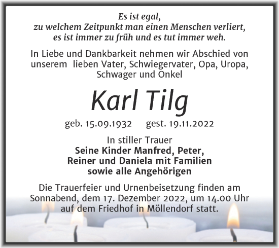 Traueranzeige von Karl Tilg von Trauerkombi Mansfelder Land