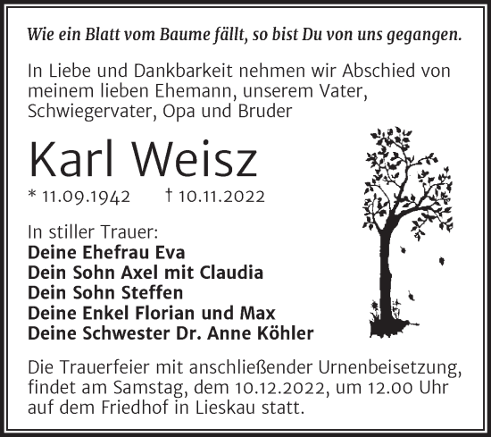 Traueranzeige von Karl Weisz von Mitteldeutsche Zeitung Halle/Saalkreis