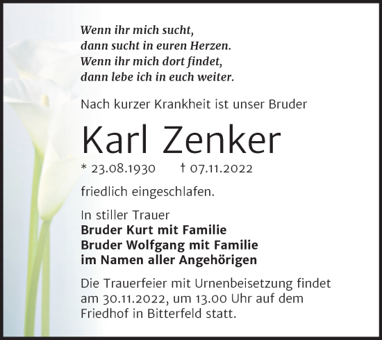 Traueranzeige von Karl Zenker von Trauerkombi Bitterfeld