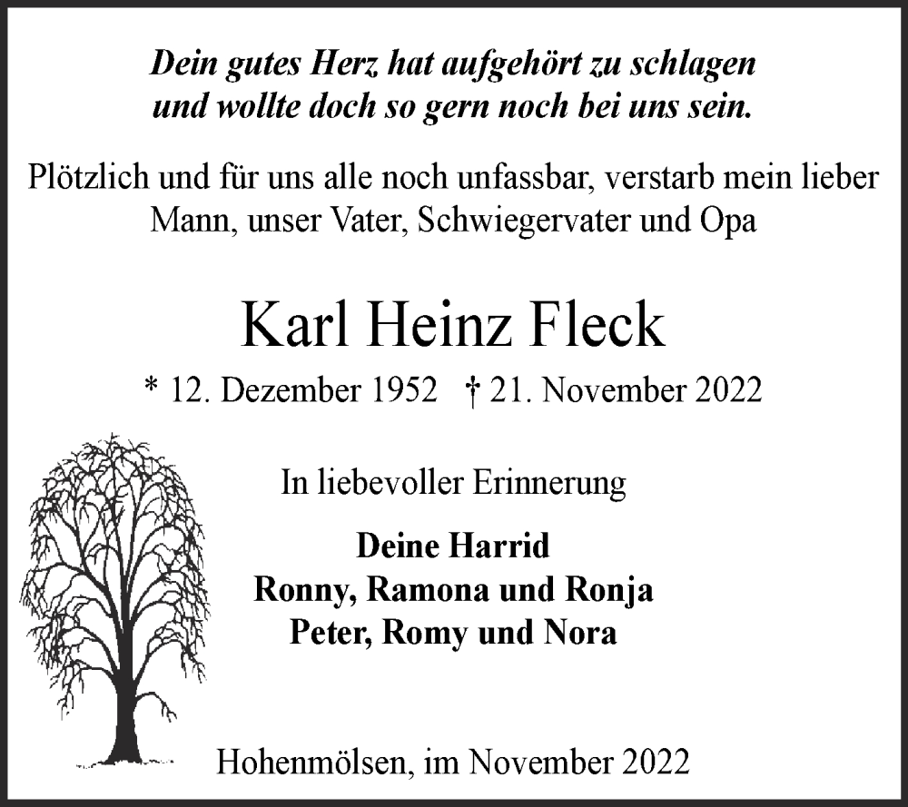 Traueranzeige für Karl Heinz Fleck vom 26.11.2022 aus Trauerkombi Weißenfels