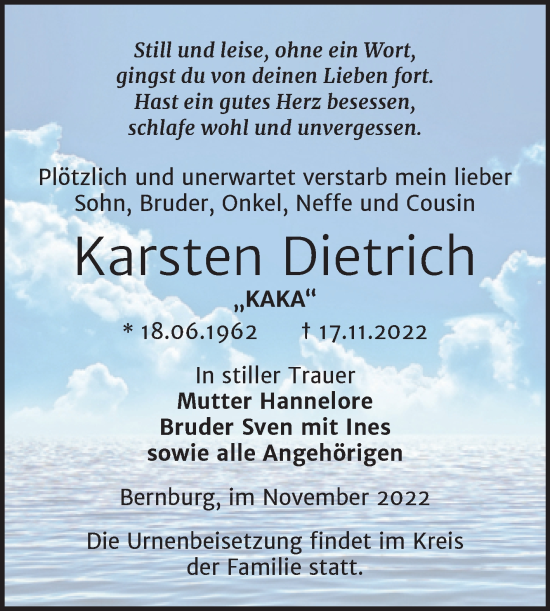 Traueranzeige von Karsten Dietrich von Trauerkombi Bernburg