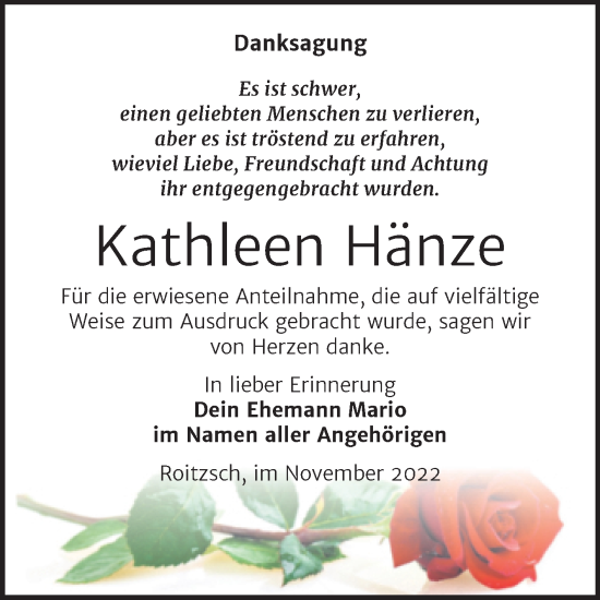 Traueranzeige von Kathleen Hänze von Trauerkombi Bitterfeld