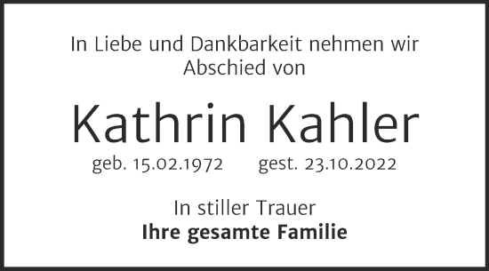 Traueranzeige von Kathrin Kahler von Trauerkombi Köthen