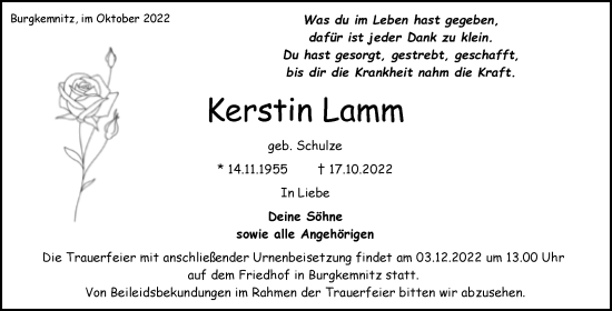 Traueranzeige von Kerstin Lamm von Trauerkombi Bitterfeld