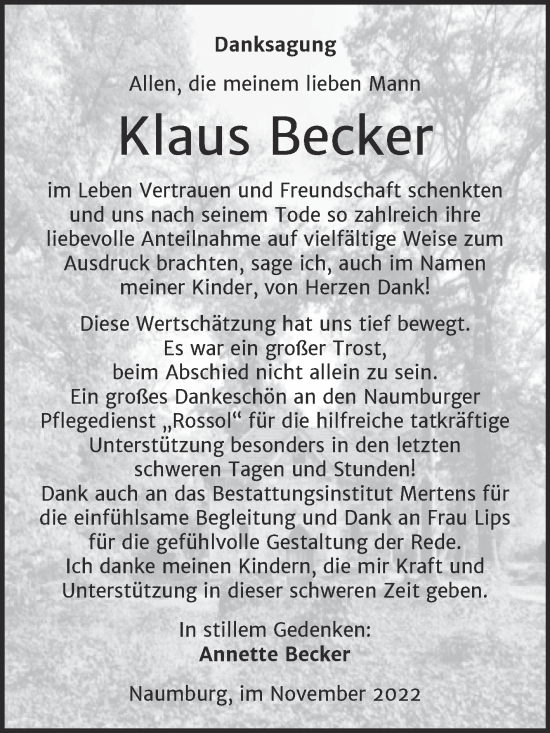 Traueranzeige von Klaus Becker von Wochenspiegel Naumburg/Nebra