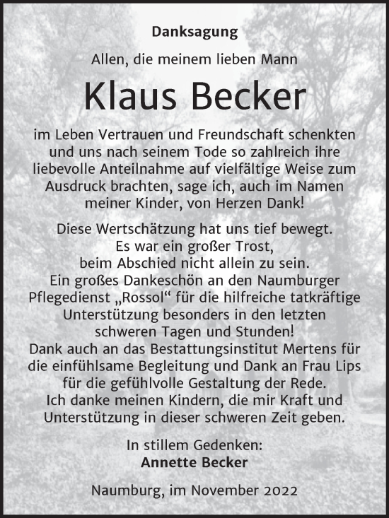 Traueranzeige von Klaus Becker von Naumburger Tageblatt