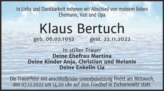 Traueranzeige von Klaus Bertuch von Trauerkombi Wittenberg