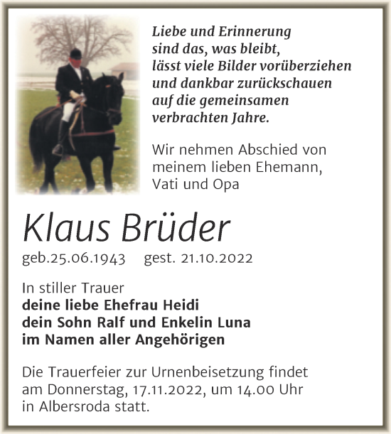 Traueranzeige von Klaus Brüder von Trauerkombi Merseburg