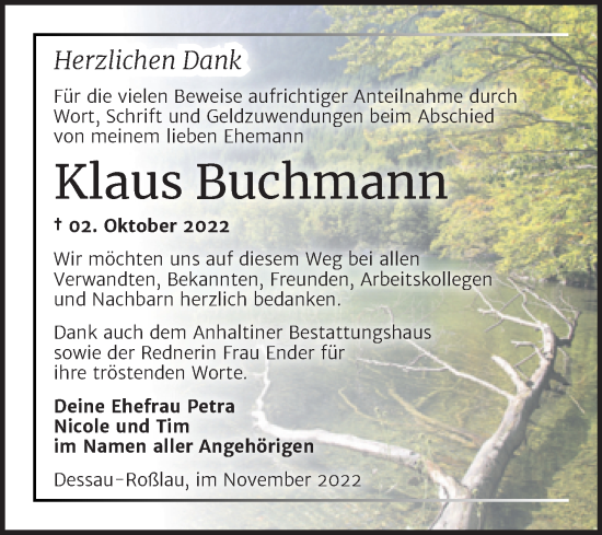 Traueranzeige von Klaus Buchmann von Trauerkombi Dessau