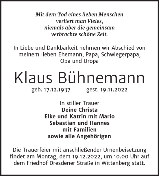 Traueranzeige von Klaus Bühnemann von Trauerkombi Wittenberg